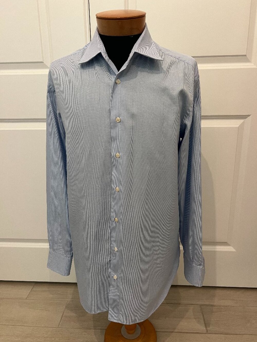 Brioni Men’s Dress Shirt Size 44 17.5 Blue Micro Check 100% Cotton Made Italy